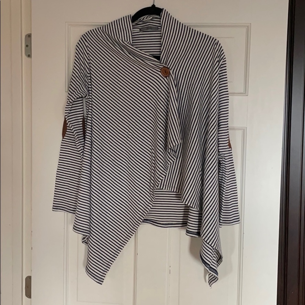 Blue and white striped asymmetrical cardigan
